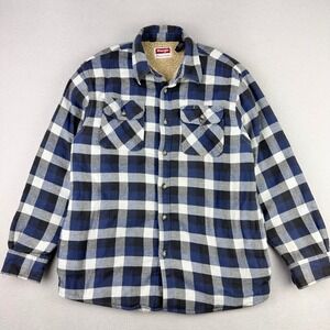 Wrangler Flannel Shirt Jacket Mens Medium Blue Buffalo Plaid Sherpa Fleece Lined